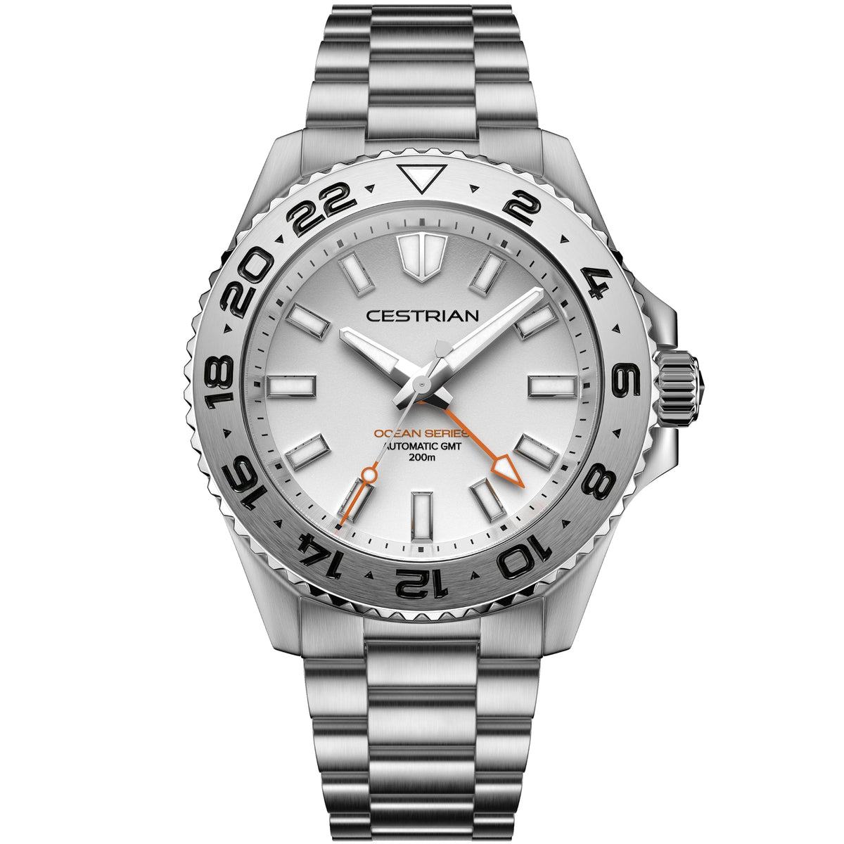 Cestrian Ocean Series CO-SWS001 front view of silver white dial automatic GMT watch with steel case and link bracelet