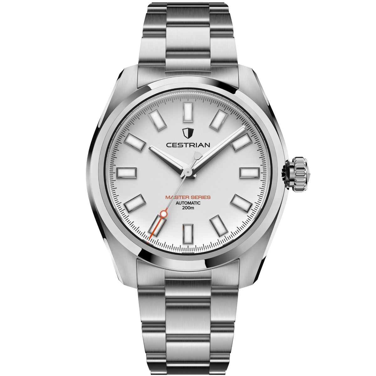 Cestrian Master Series CM-WT001 front view of white dial automatic watch with steel case and link bracelet