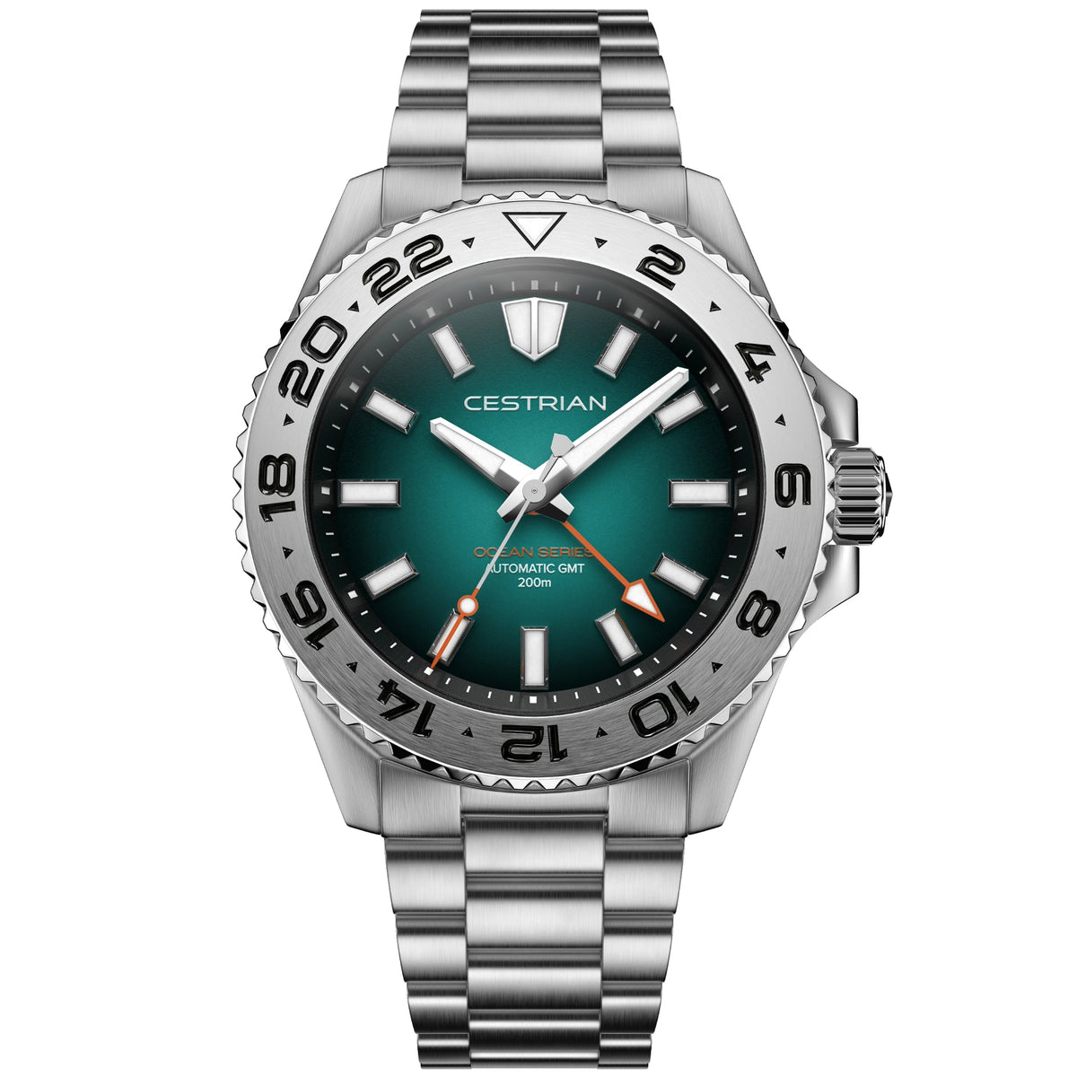 Cestrian Ocean Series CO-BGS001 front view of green fumé dial automatic GMT watch with steel case and link bracelet