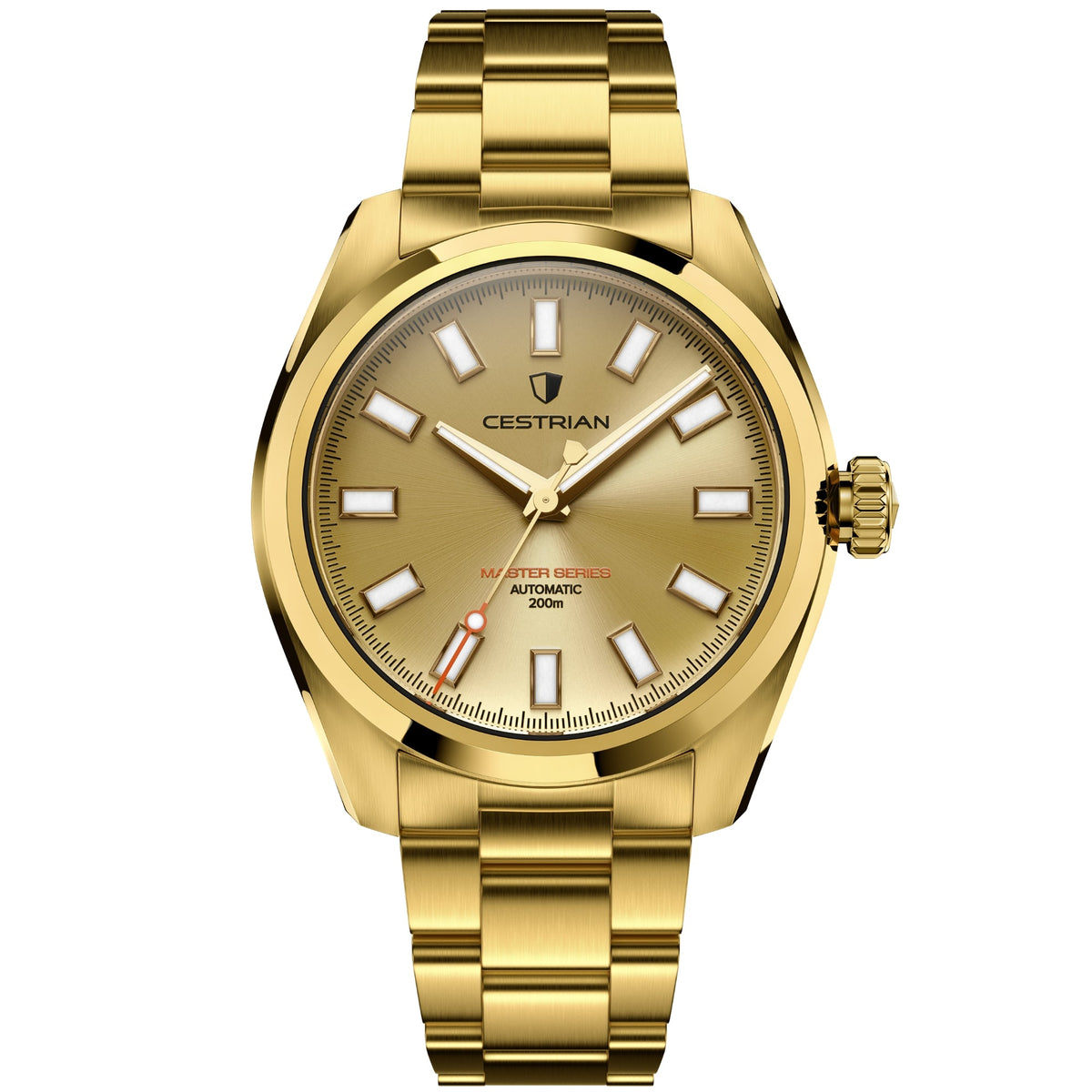 Cestrian Master Series CM-GD011 front view of gold dial automatic watch with gold plated case and link bracelet