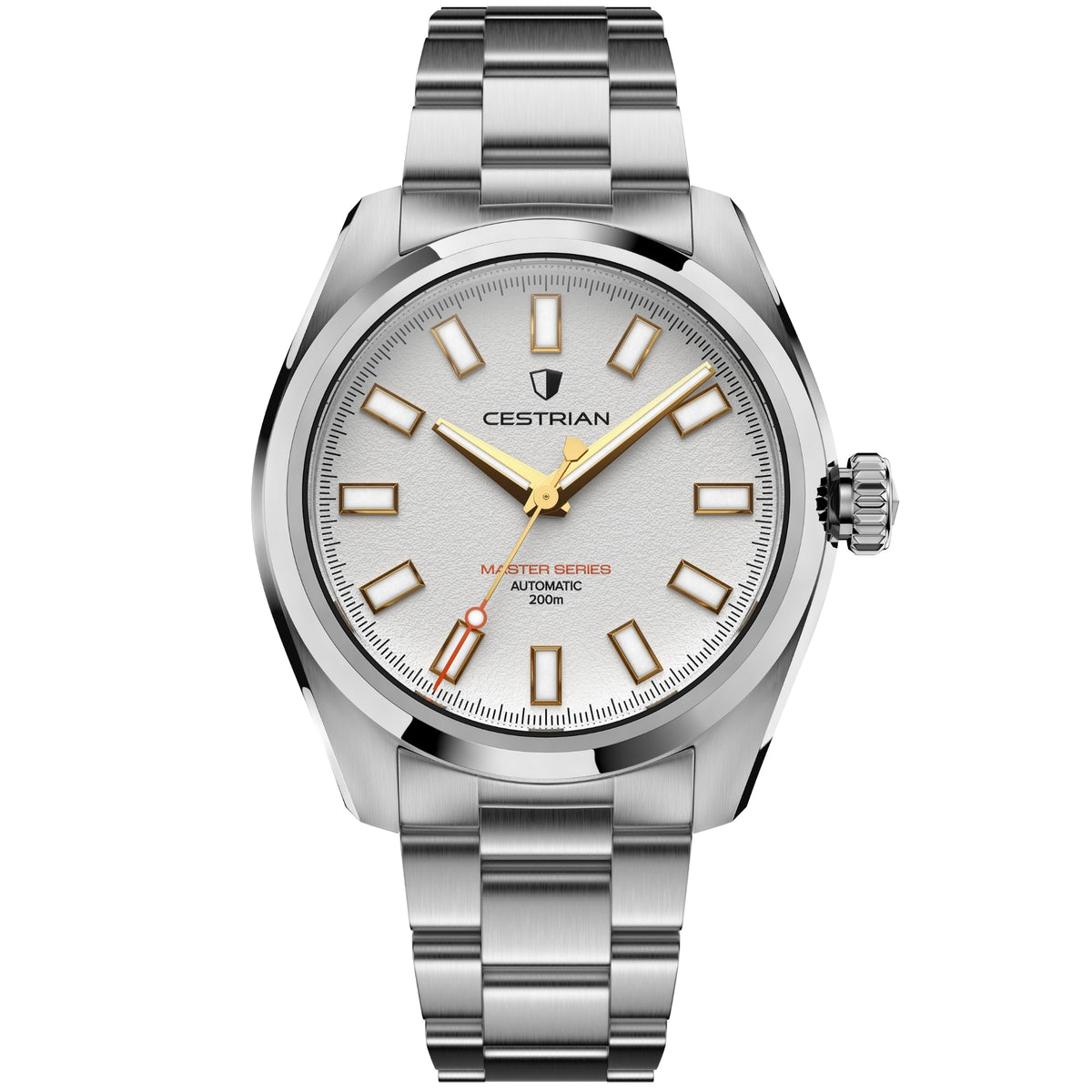Cestrian Master Series CM-WG001 front view of white textured dial automatic watch with steel case and link bracelet