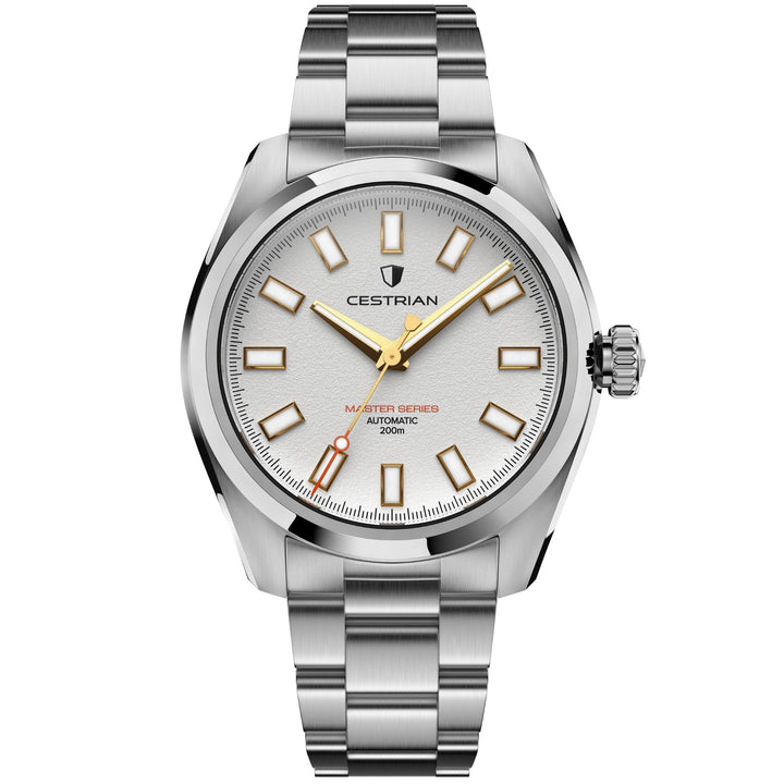 Cestrian Master Series CM-WG001 front view of white textured dial automatic watch with steel case and link bracelet