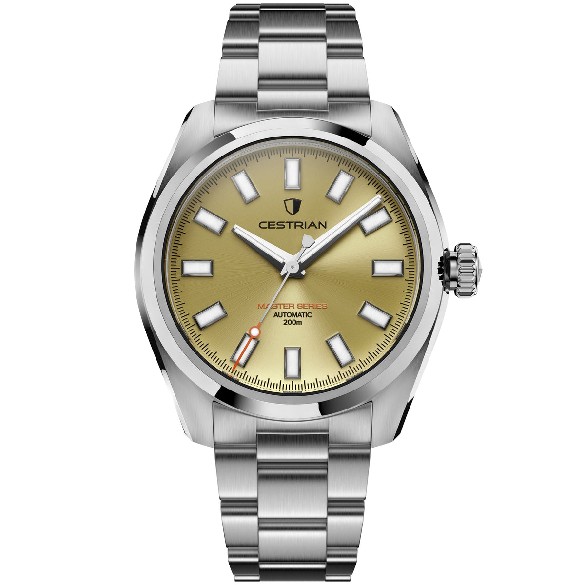 Cestrian Master Series CM-CH001 front view of champagne dial automatic watch with steel case and link bracelet