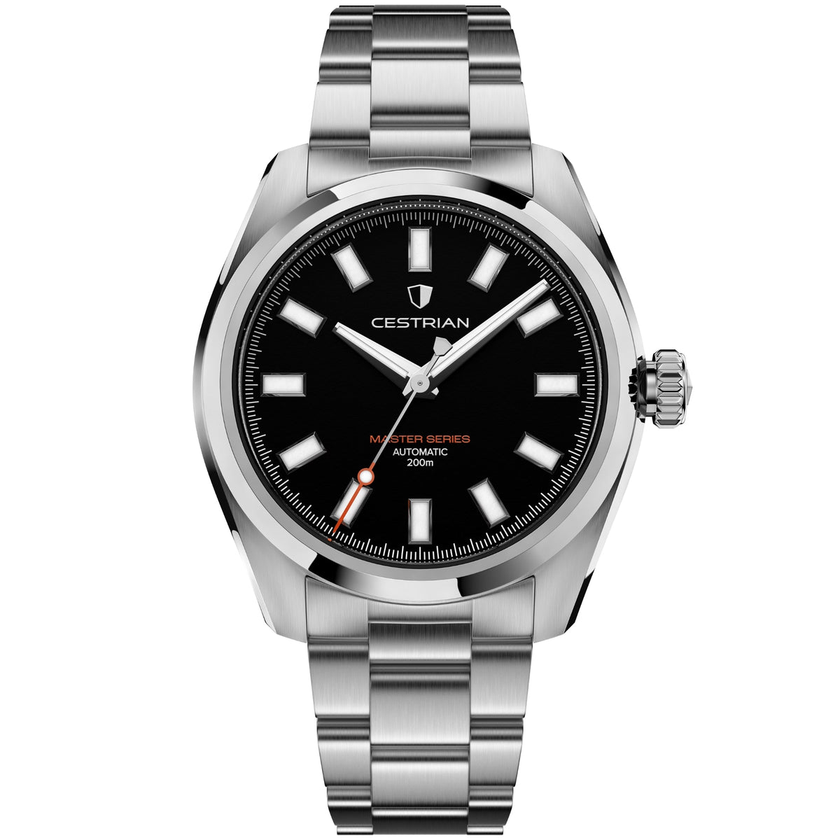 Cestrian Master Series CM-BK001 front view of black dial automatic watch with steel case and bracelet link strap