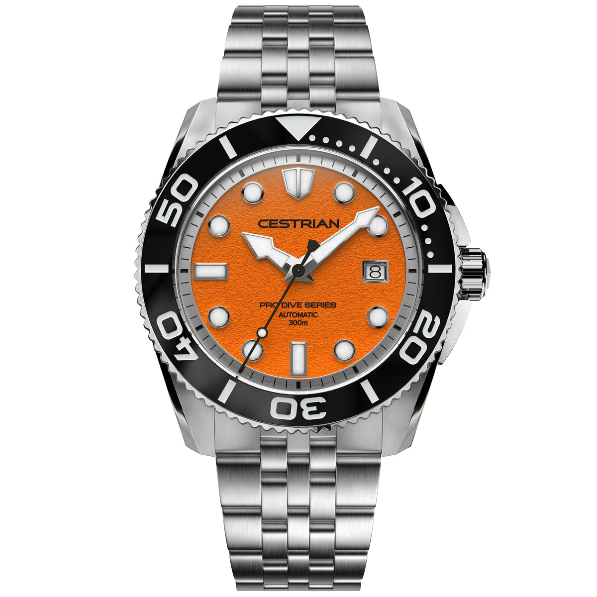 Cestrian Pro Dive Series CP-ORB001 front view of orange dial automatic diver watch with steel case and link bracelet