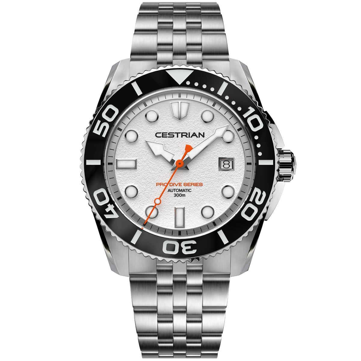 Cestrian Pro Dive Series CP-WTB001 front view of white dial automatic diver watch with steel case and link bracelet