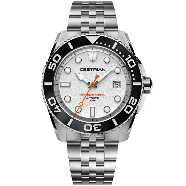 Cestrian Pro Dive Series CP-WTB001 front view of white dial automatic diver watch with steel case and link bracelet