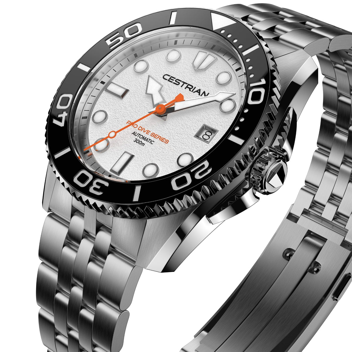 Cestrian Pro Dive Series CP-WTB001 perspective view showing white dial, black dive bezel, textured crown, and bracelet links