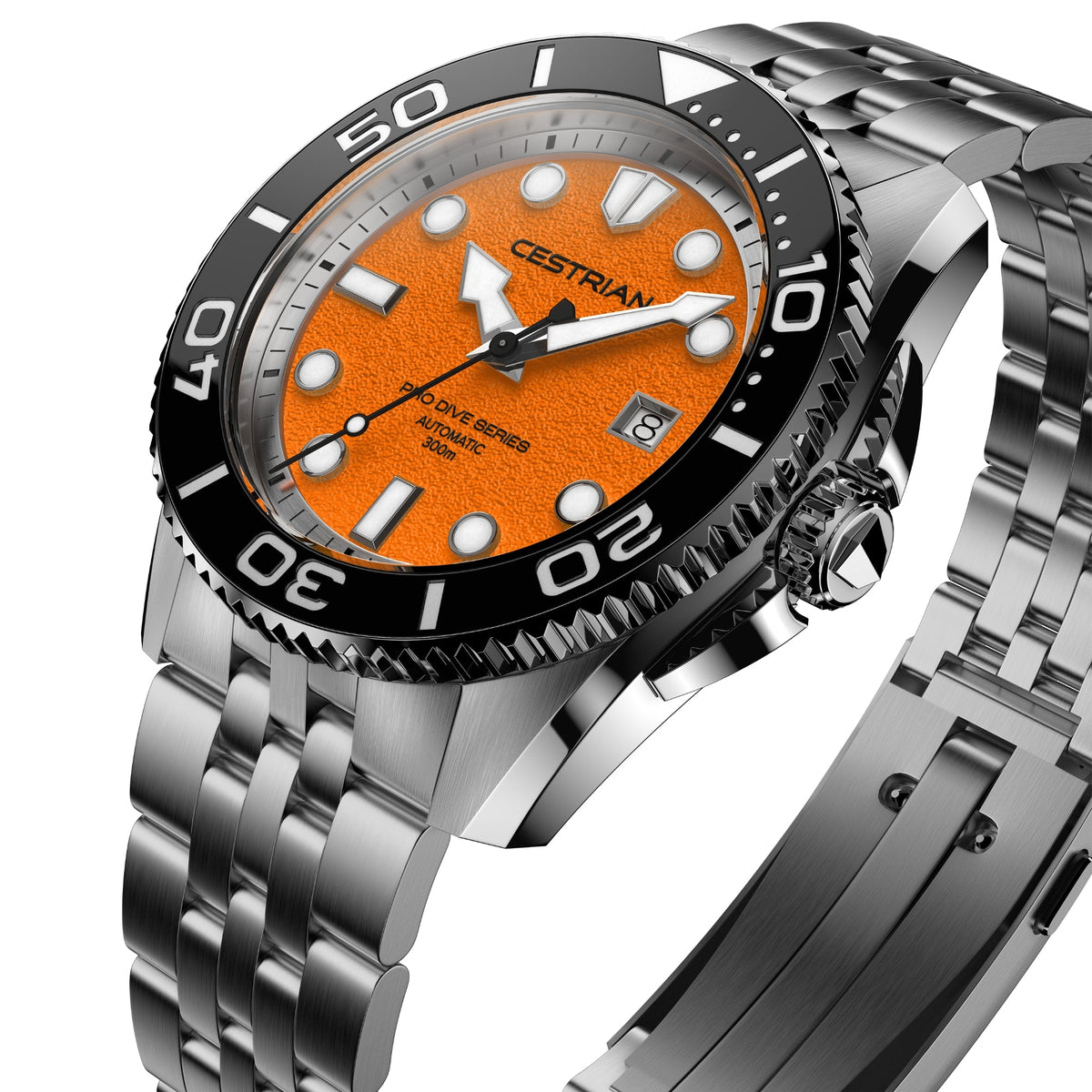 Cestrian Pro Dive Series CP-ORB001 perspective view showing orange dial, black dive bezel, textured crown, and bracelet links