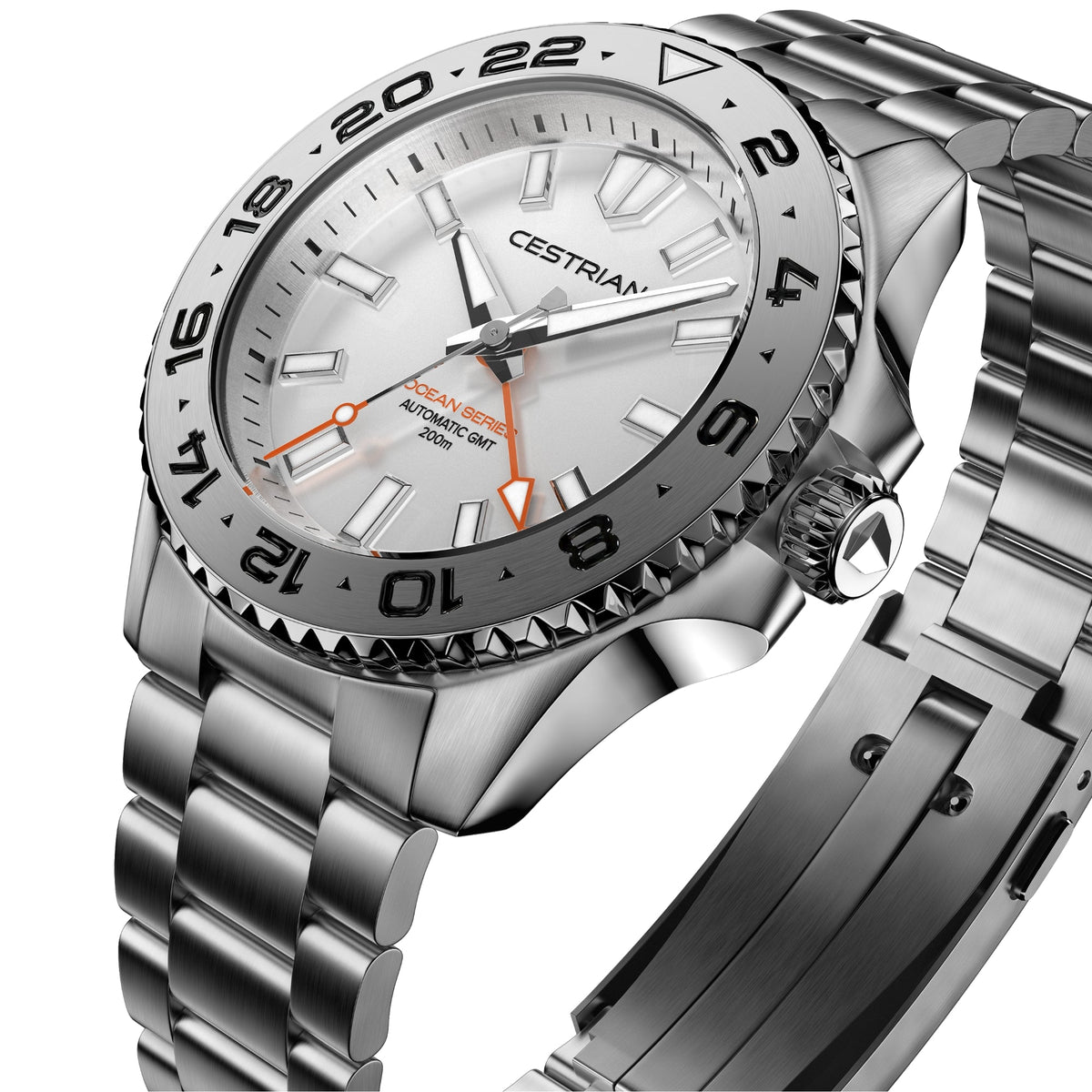 Cestrian Ocean Series CO-SWS001 perspective view showing silver white dial, steel bezel, textured crown, and bracelet links