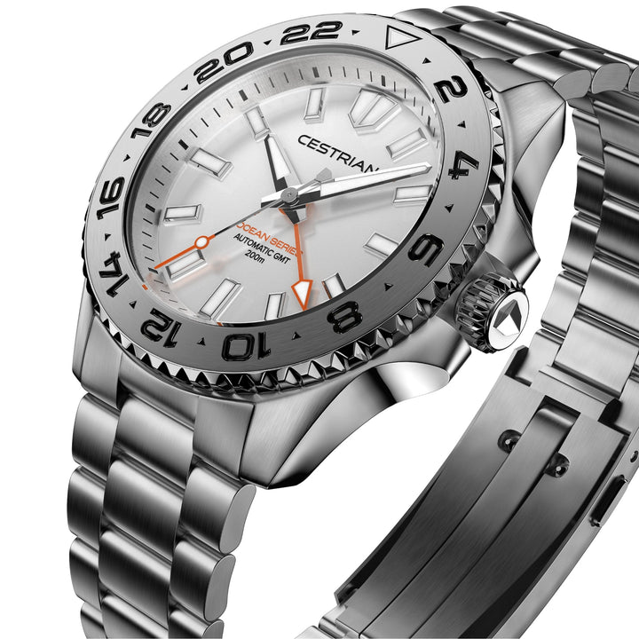 Cestrian Ocean Series CO-SWS001 perspective view showing silver white dial, steel bezel, textured crown, and bracelet links