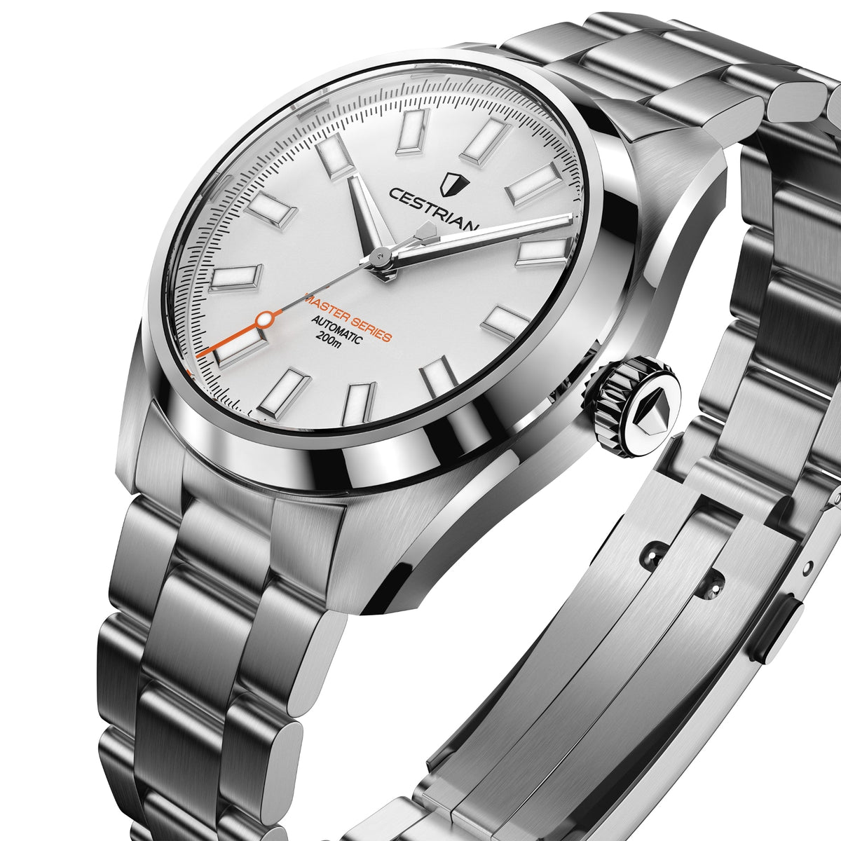 Cestrian Master Series CM-WT001 perspective view showing white dial, steel bezel, crown, and folding clasp