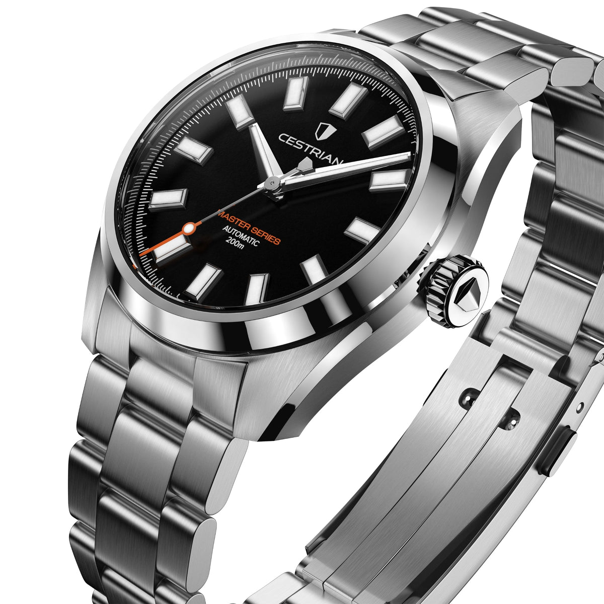 Cestrian Master Series CM-BK001 perspective view showing black dial, steel bezel, crown, and folding clasp
