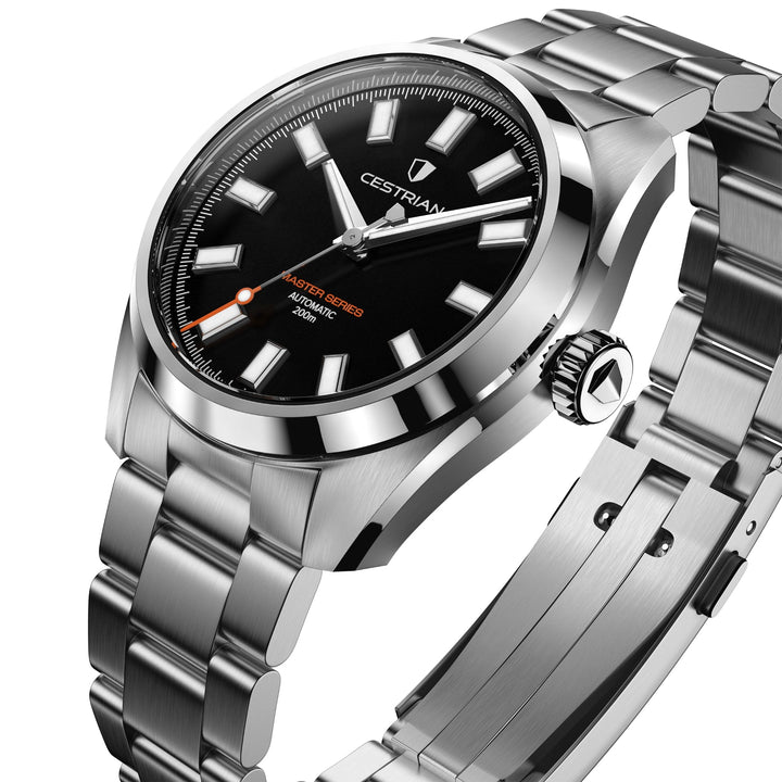 Cestrian Master Series CM-BK001 perspective view showing black dial, steel bezel, crown, and folding clasp