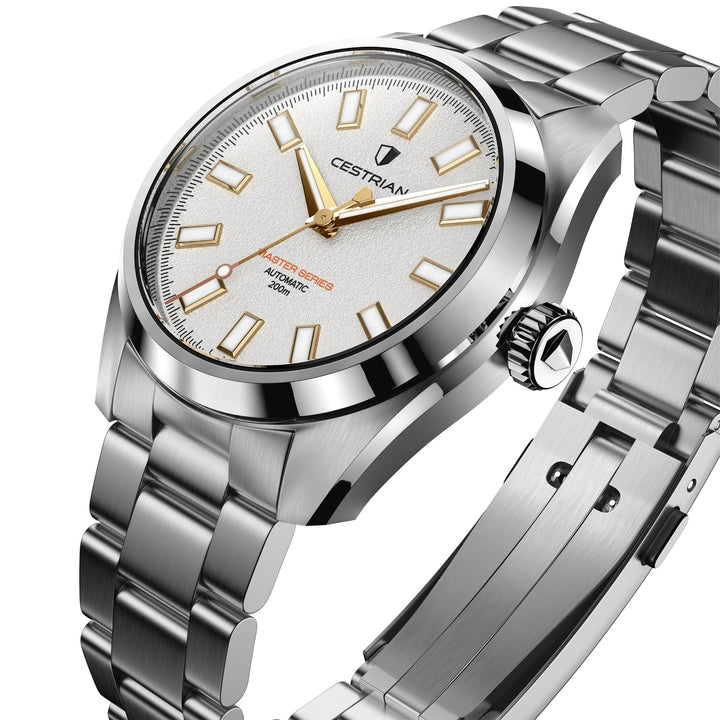 Cestrian Master Series CM-WG001 perspective view showing white textured dial, steel bezel, crown, and bracelet links