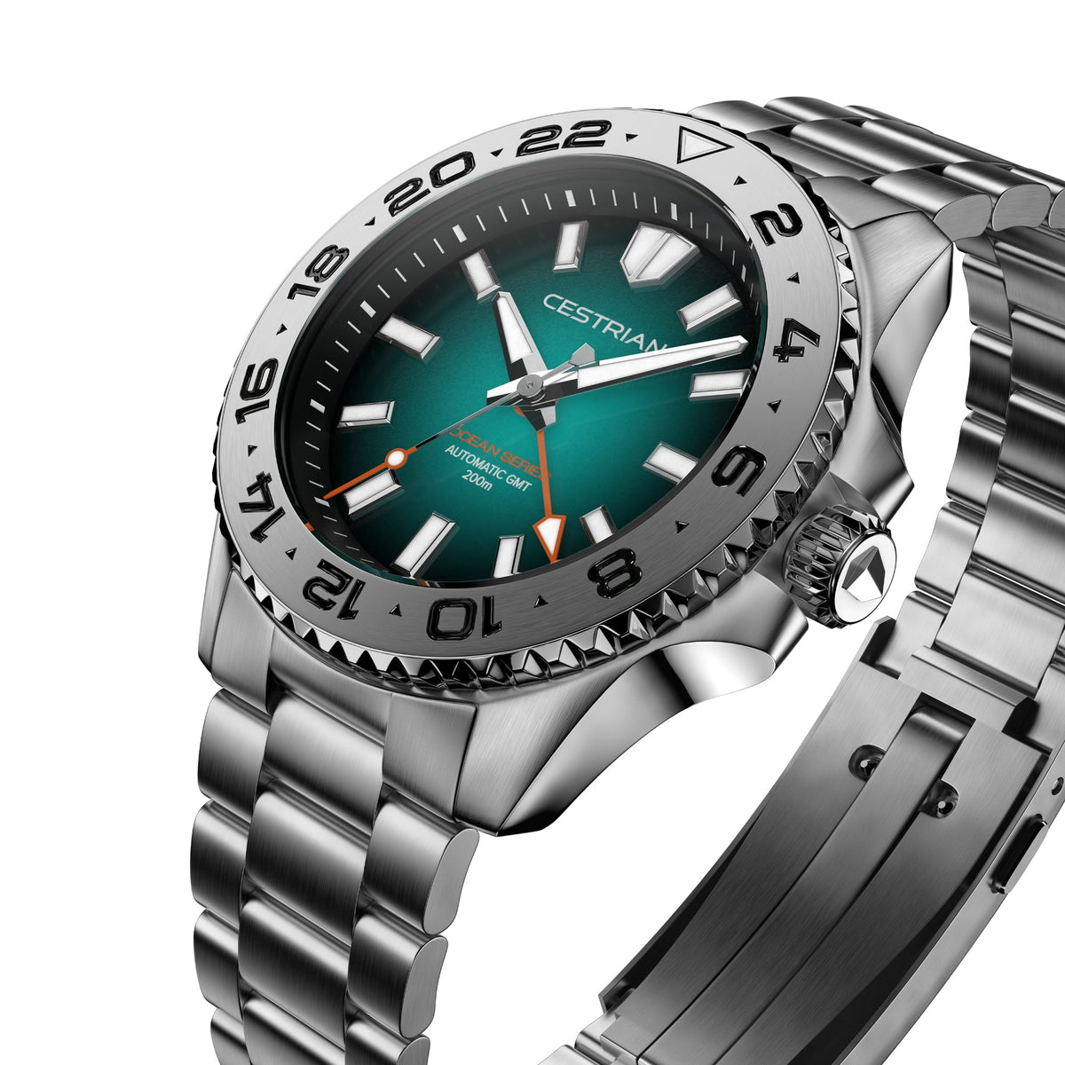 Cestrian Ocean Series CO-BGS001 perspective view showing green fumé dial, steel bezel, textured crown, and bracelet links