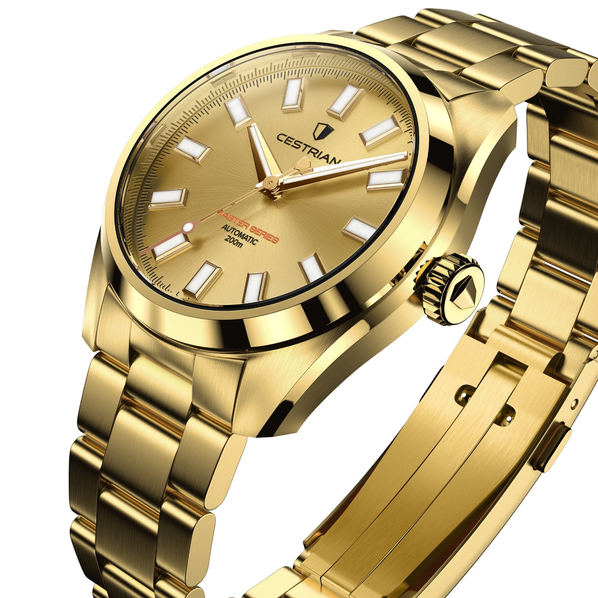 Cestrian Master Series CM-GD011 perspective view showing gold dial, polished bezel, textured crown, and bracelet links