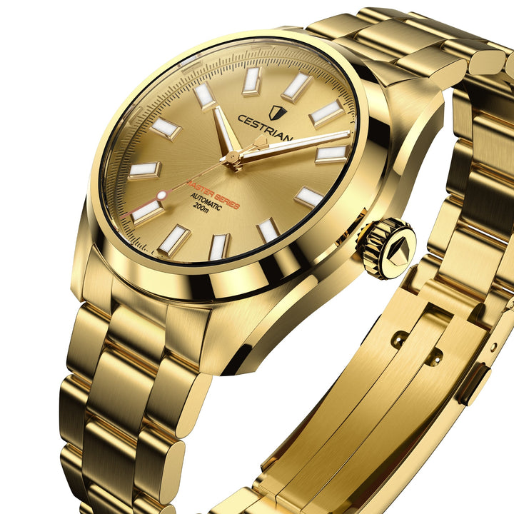 Cestrian Master Series CM-GD011 perspective view showing gold dial, polished bezel, textured crown, and bracelet links