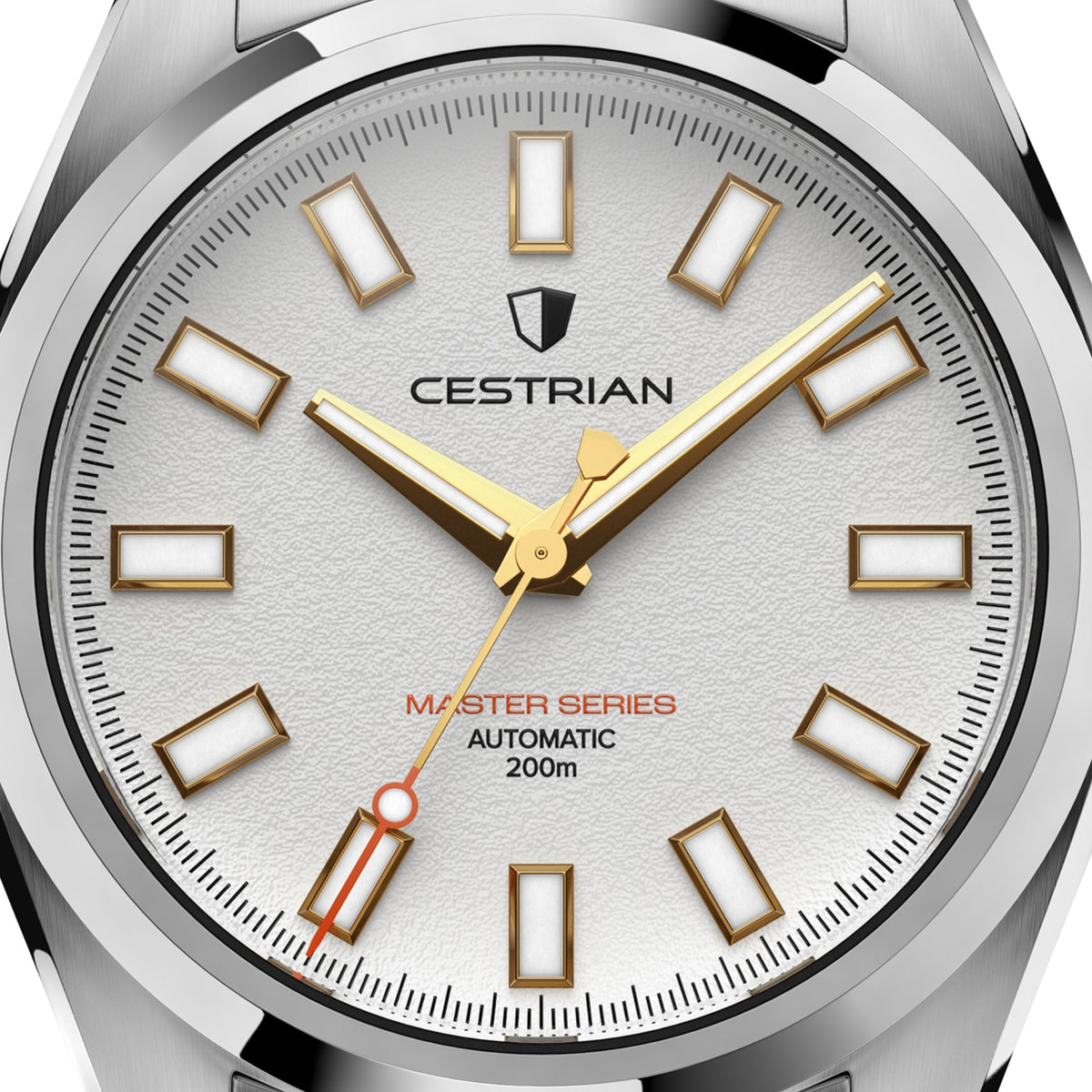 Cestrian Master Series CM-WG001 close-up view of white textured dial face with gold hands and luminous index markers