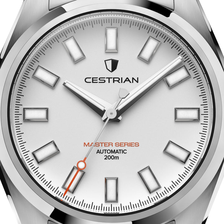 Cestrian Master Series CM-WT001 close-up view of white dial face with steel hands and orange-tipped seconds hand