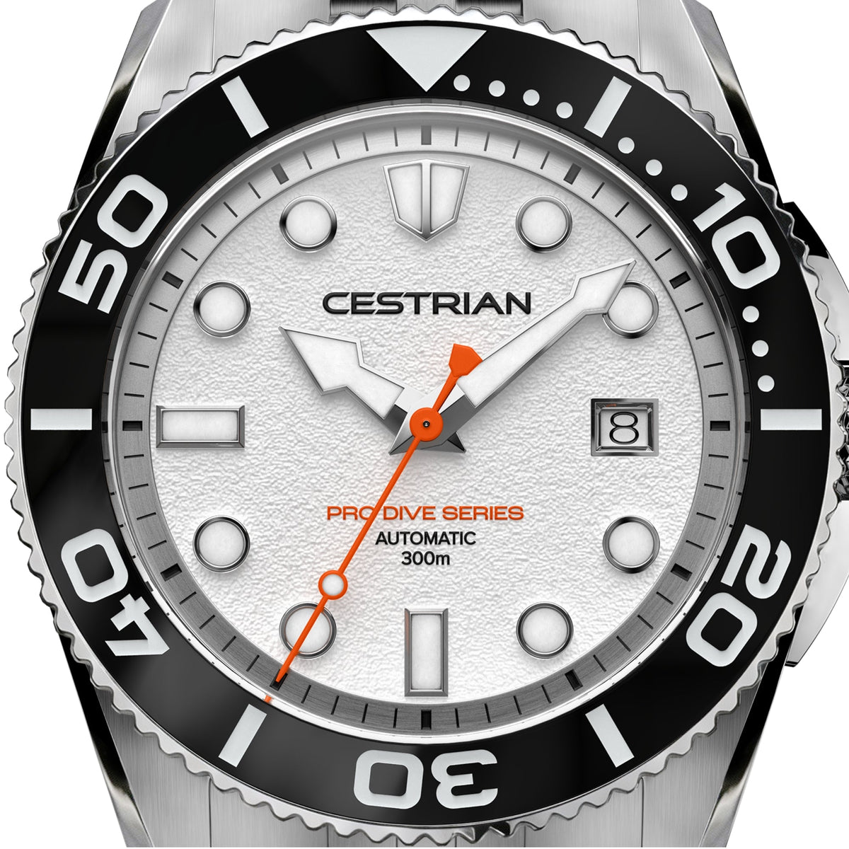Cestrian Pro Dive Series CP-WTB001 close-up view of textured white dial face with luminous indices and orange seconds hand