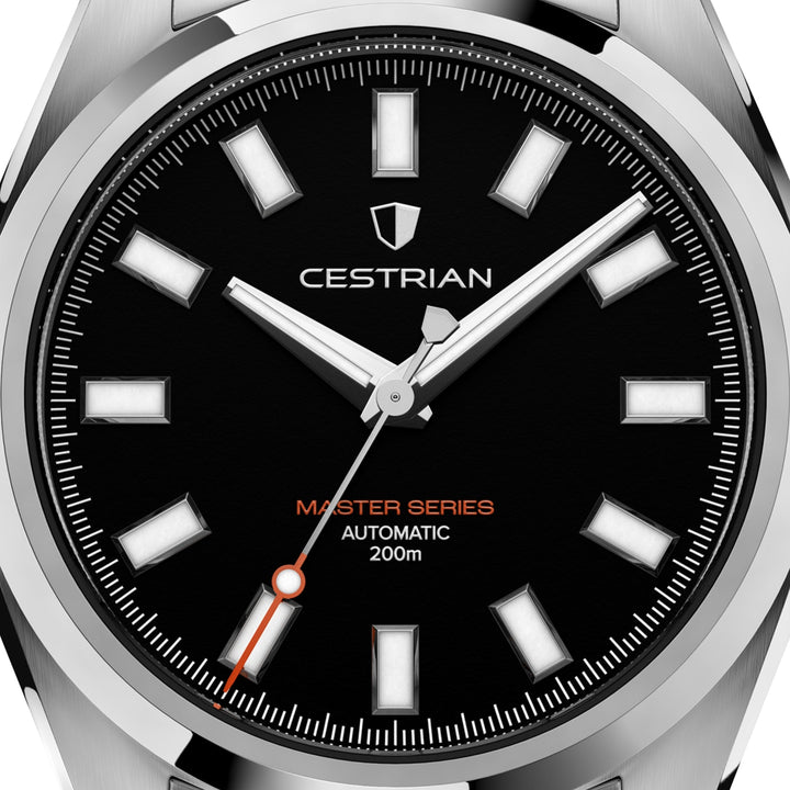 Cestrian Master Series CM-BK001 close-up view of black dial with steel hands and orange-tipped seconds hand