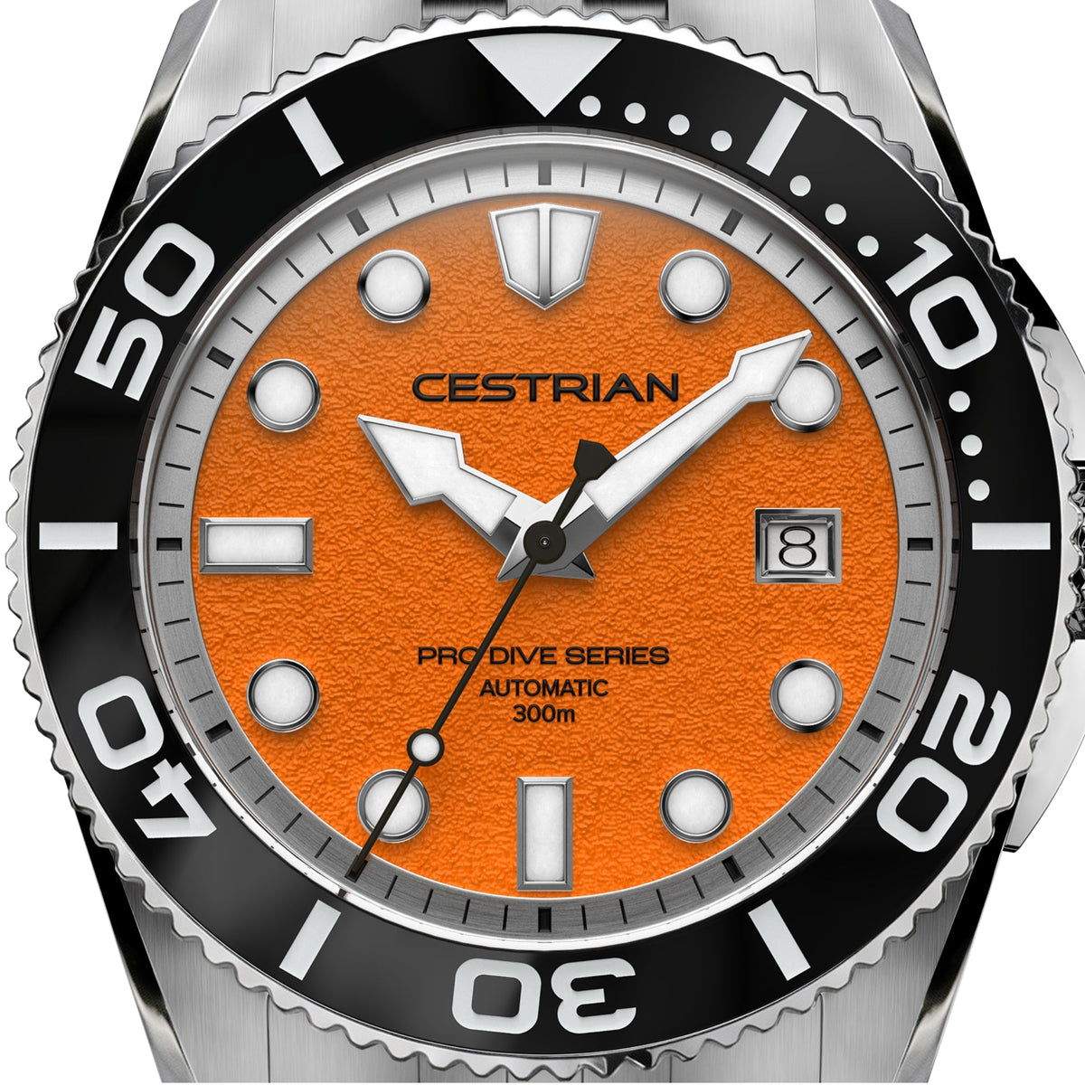 Cestrian Pro Dive Series CP-ORB001 close-up view of textured orange dial face with luminous indices and black hand accents