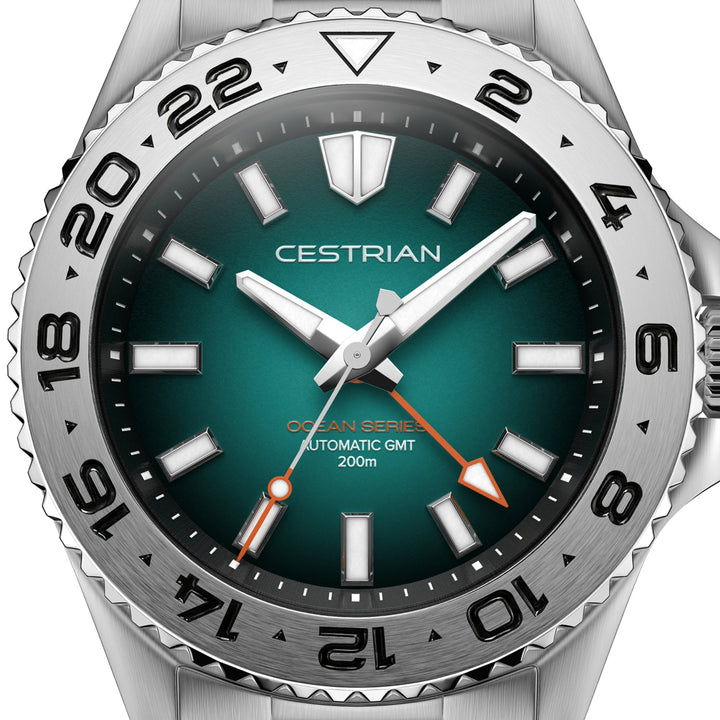Cestrian Ocean Series CO-BGS001 close-up view of green fumé dial face with steel hands and 24-hour GMT bezel
