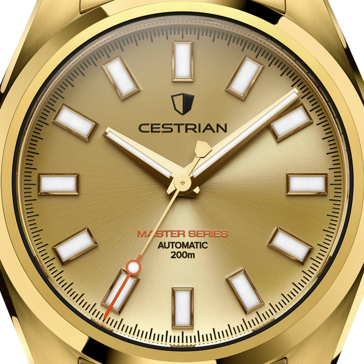 Cestrian Master Series CM-GD011 close-up view of gold dial face with gold hands and luminous index markers