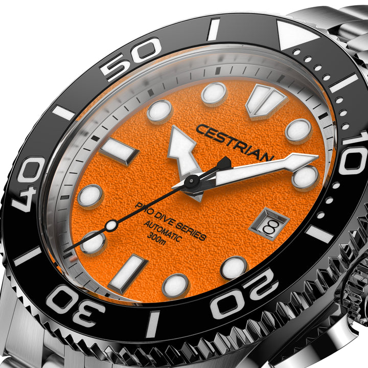 Cestrian Pro Dive Series CP-ORB001 close-up side angle showing orange dial face and steel case profile