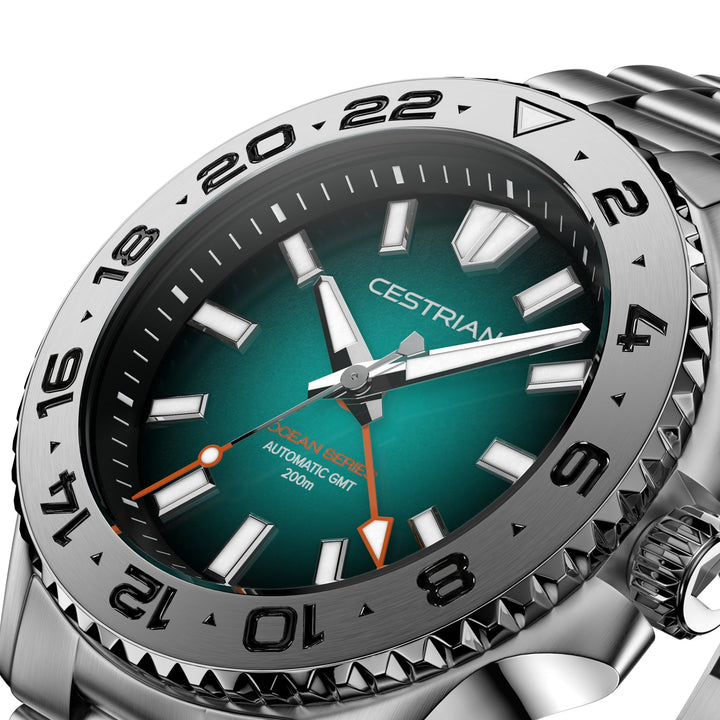 Cestrian Ocean Series CO-BGS001 close-up side angle showing green fumé dial face and steel case profile