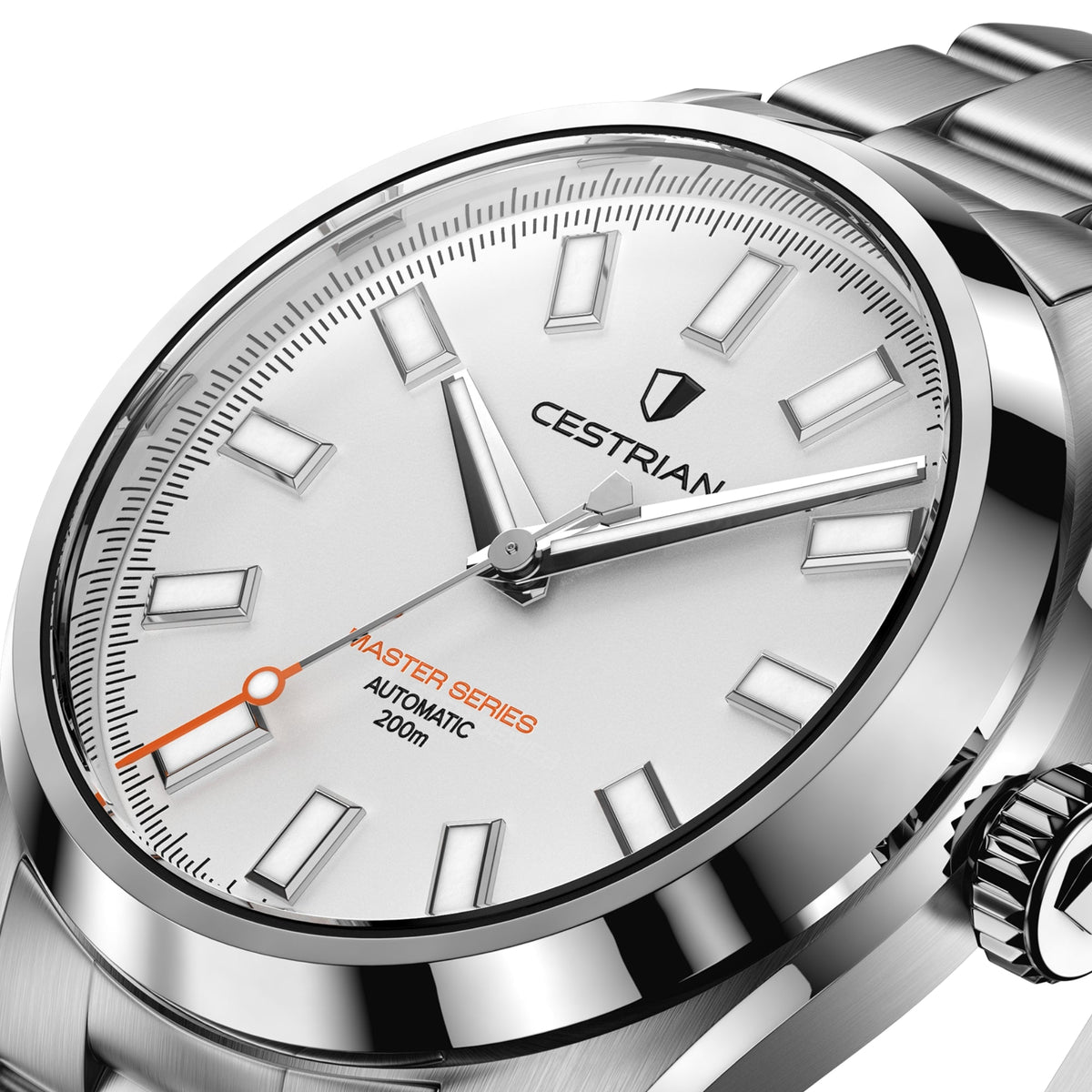 Cestrian Master Series CM-WT001 close-up side angle showing white dial face and polished steel case profile