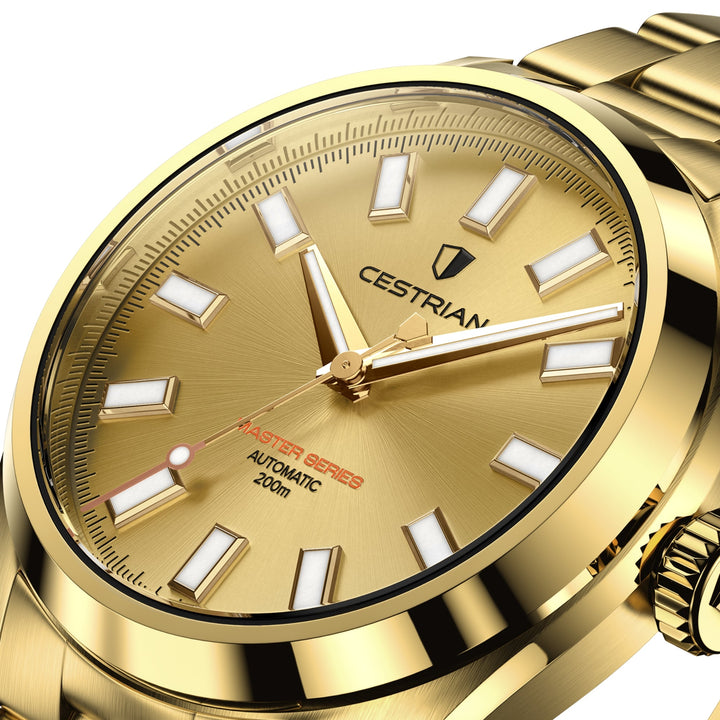 Cestrian Master Series CM-GD011 close-up side angle showing gold dial face and gold plated case profile