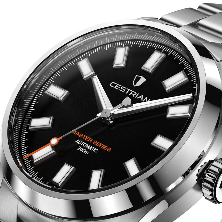 Cestrian Master Series CM-BK001 close-up side angle of black dial face and steel case profile