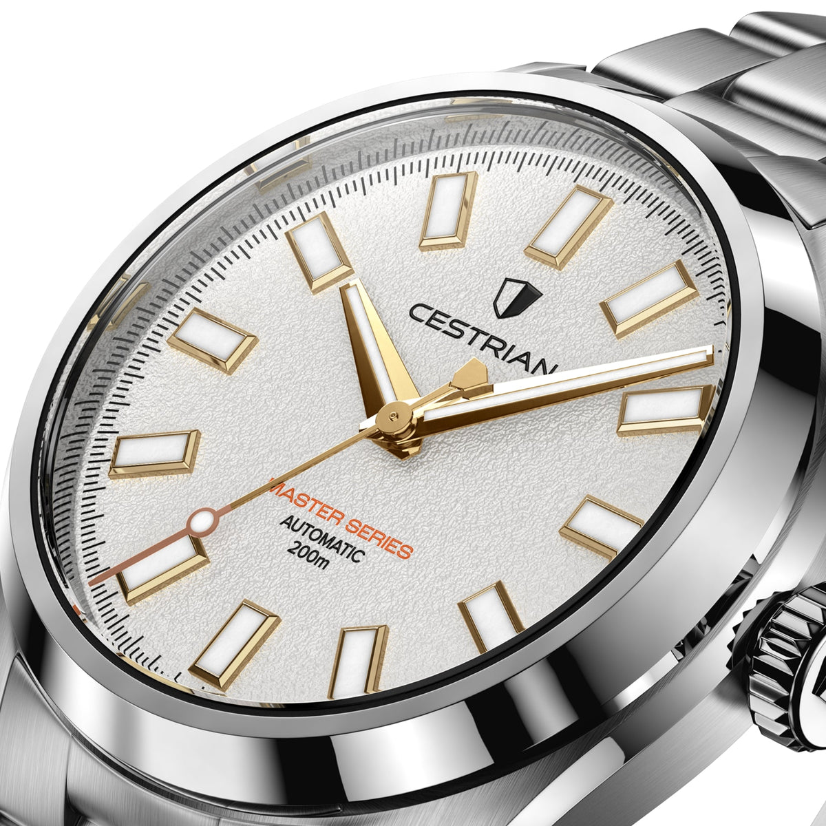 Cestrian Master Series CM-WG001 close-up side angle showing white textured dial face and polished steel case profile