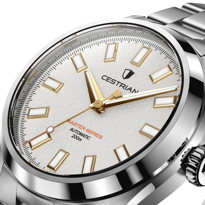 Cestrian Master Series CM-WG001 close-up side angle showing white textured dial face and polished steel case profile