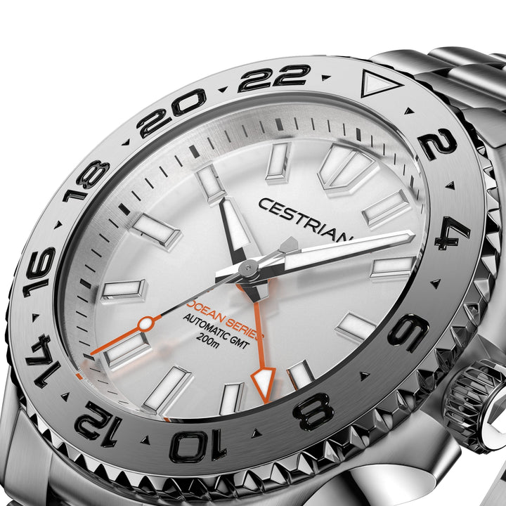 Cestrian Ocean Series CO-SWS001 close-up side angle showing silver white dial face and steel case profile