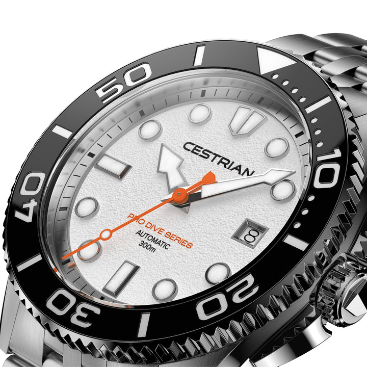 Cestrian Pro Dive Series CP-WTB001 close-up side angle showing white dial face and steel case profile