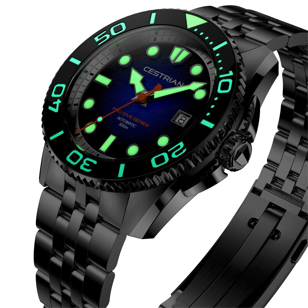 Cestrian Pro Dive Series CP-ORB001 angled view displaying luminous dial elements and diver bezel details in the dark