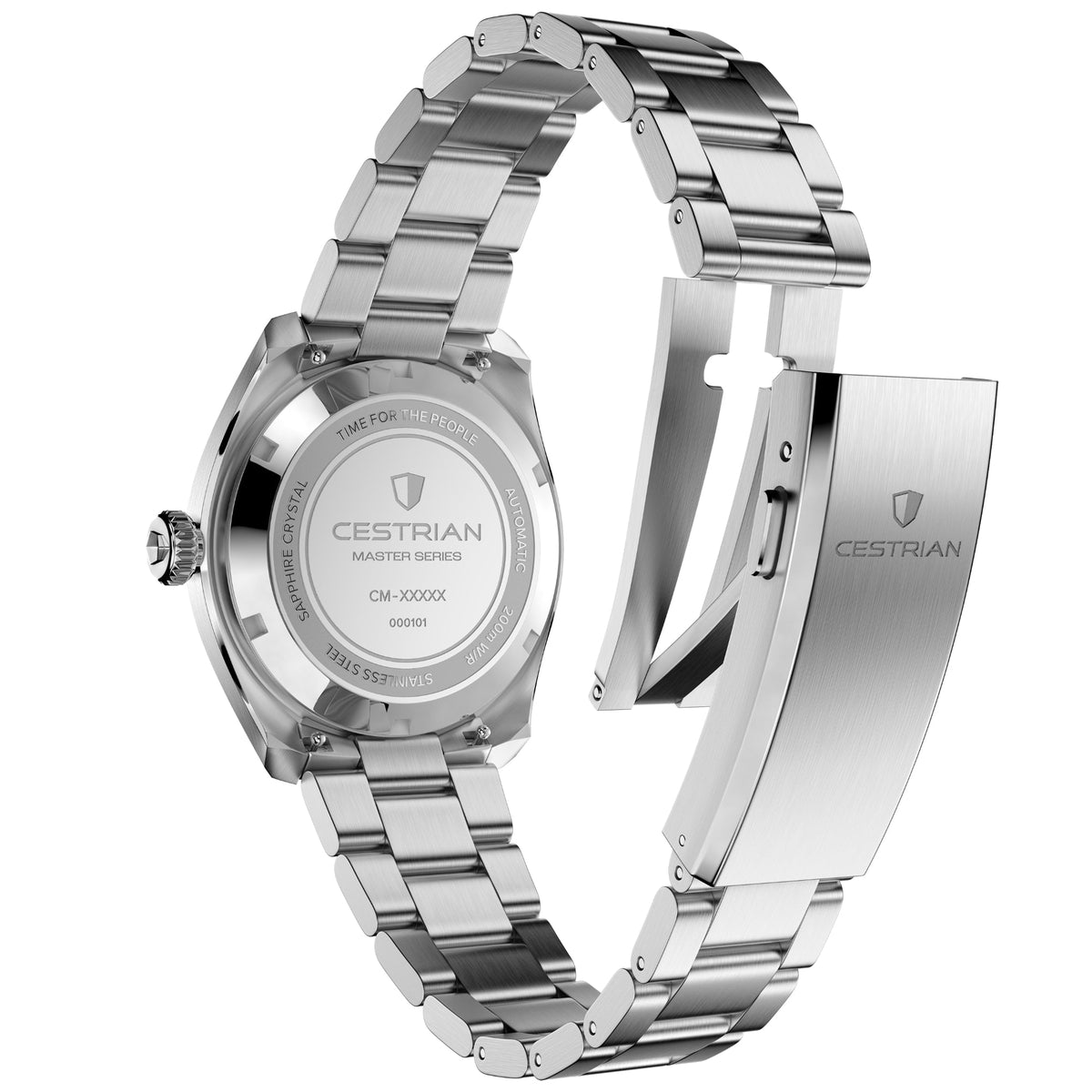 Cestrian Master Series CM-BK001 back view showing engraved steel case back and open folding bracelet clasp
