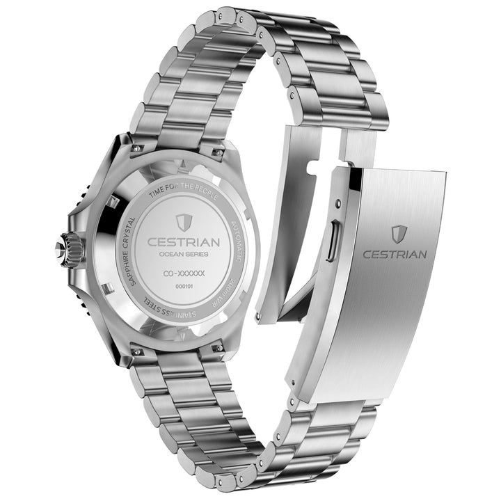 Cestrian Ocean Series CO-SWS001 back view showing engraved steel case back and open folding bracelet clasp