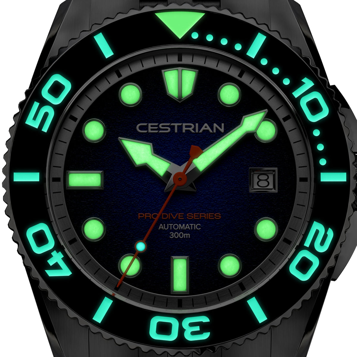 Cestrian Pro Dive Series CP-WTB001 macro shot showing glowing green lume on hands and bezel in dark conditions