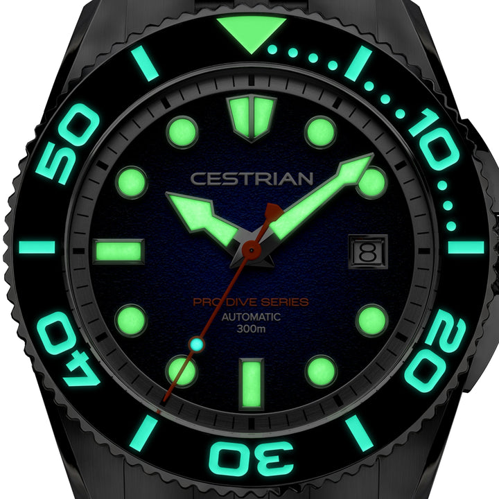 Cestrian Pro Dive Series CP-ORB001 macro shot showing glowing green lume on hands and bezel in dark conditions