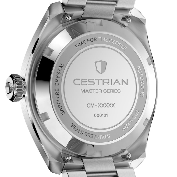 Cestrian Master Series CM-WG001 close-up rear view of solid steel case back with brand logo and specification text