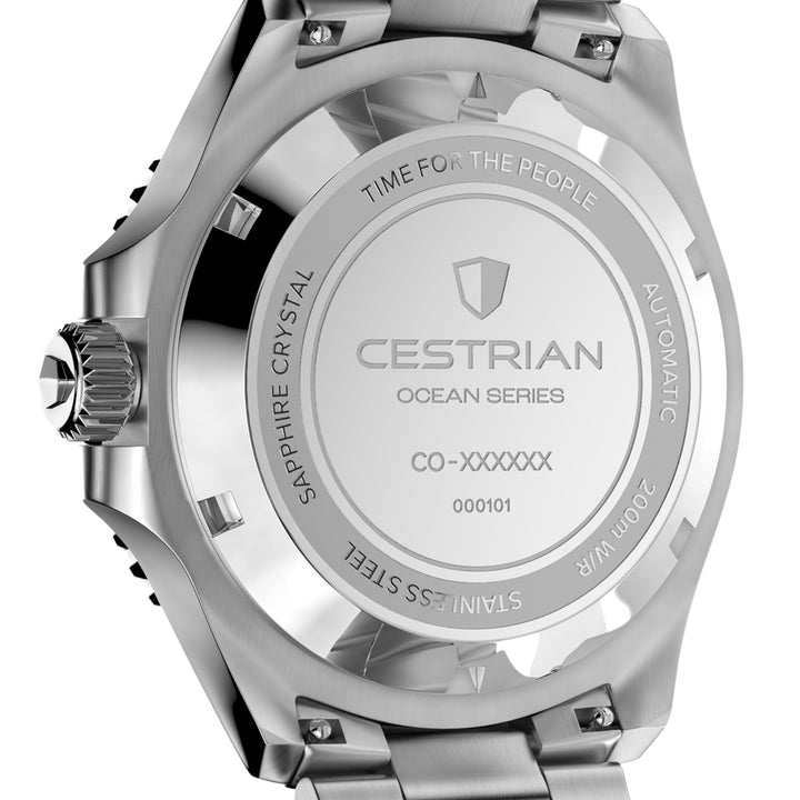 Cestrian Ocean Series CO-BGS001 close-up rear view of solid steel case back with brand logo and specification text
