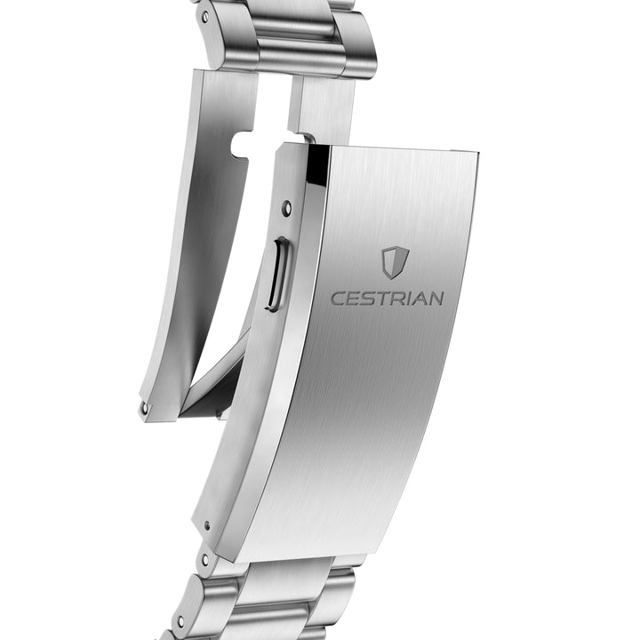 Cestrian Ocean Series CO-BGS001 macro detail view showing open stainless steel deployant clasp mechanism