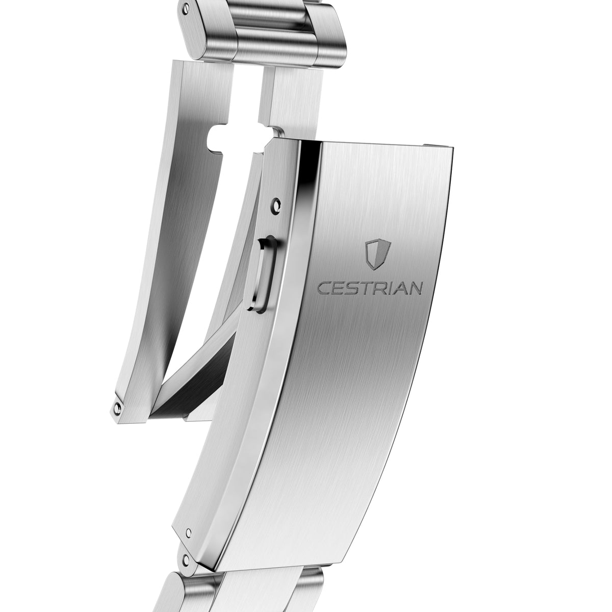 Cestrian Master Series CM-BK001 macro detail view showing open stainless steel deployant clasp mechanism