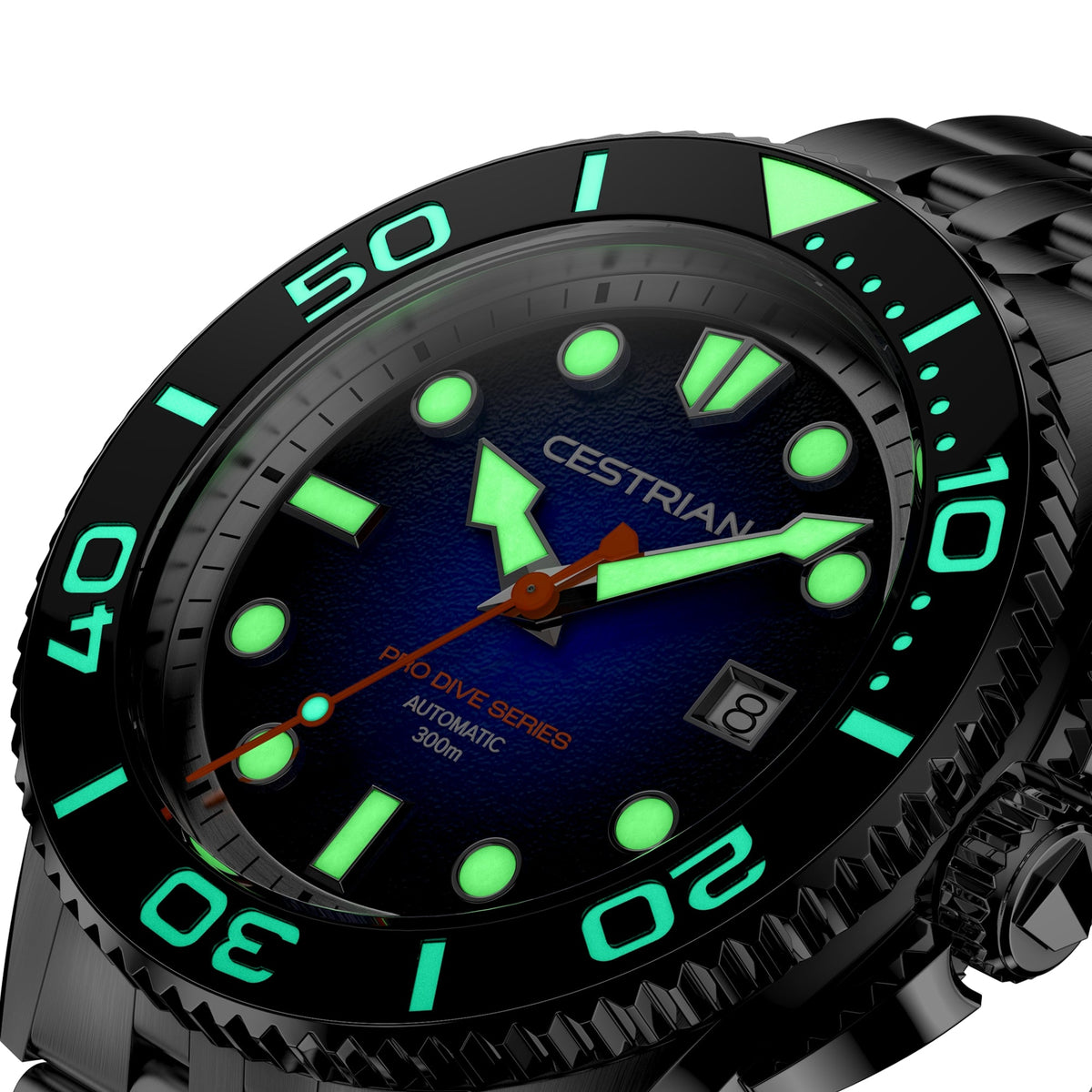 Cestrian Pro Dive Series CP-ORB001 macro view displaying luminous hour markers and hands in low lighting