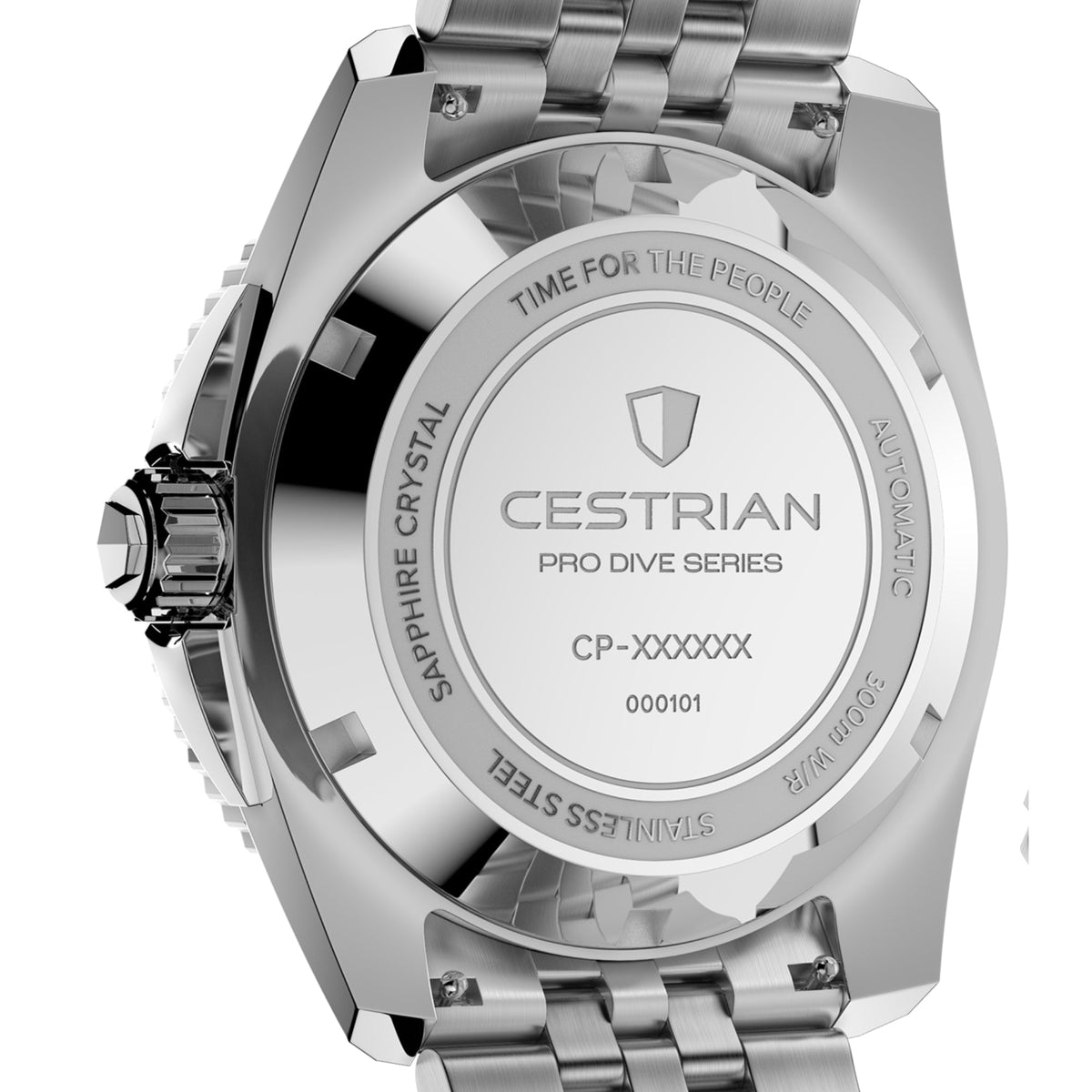 Cestrian Pro Dive Series CP-ORB001 close-up rear view of solid steel case back with brand logo and product details