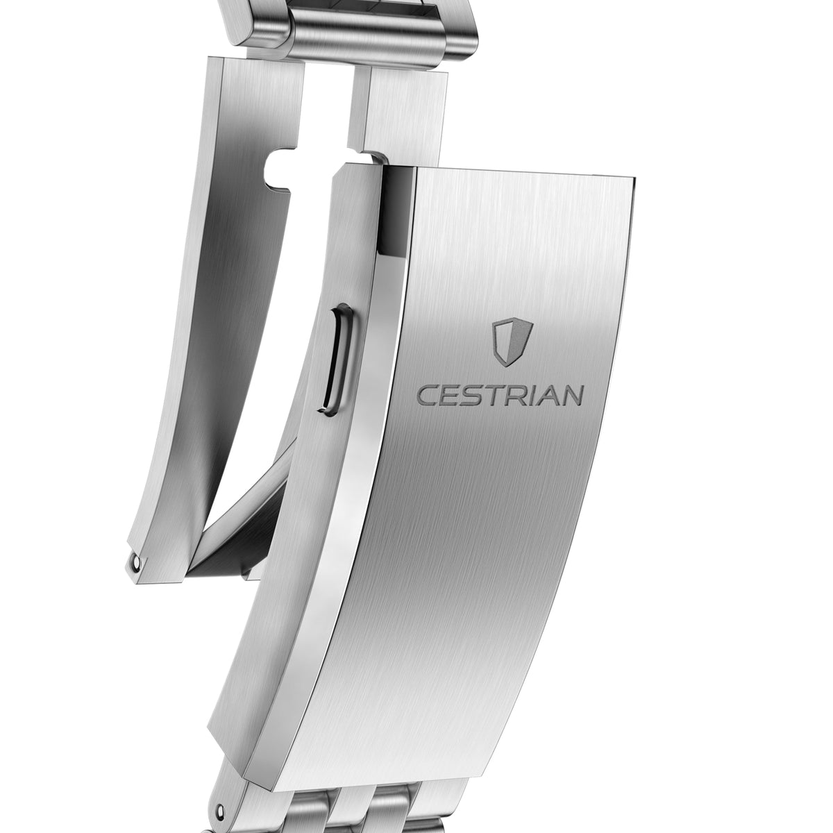 Cestrian Pro Dive Series CP-ORB001 macro detail view showing open stainless steel deployant clasp mechanism